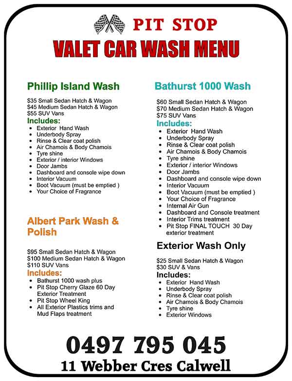 Valet Wash Menus